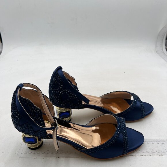 XYD Navy Bridal Ankle Strap Peep Toe Rhinestone Studs Block Low Heel Sandal - Picture 4 of 8